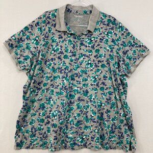 Woman Within size 4X Gray Blue Floral Short Sleeve Stretch Knit Polo Collar Top